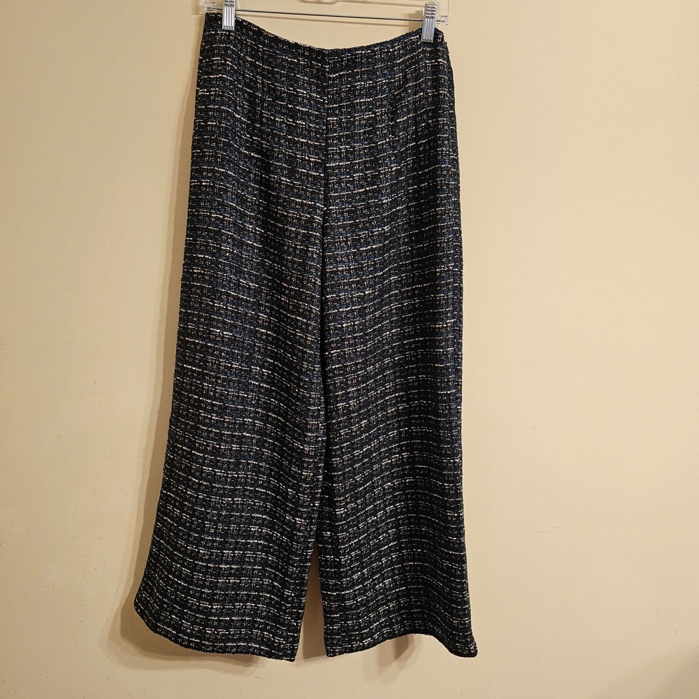LOFT Tweed Wide Leg Pants 2 Black Teal White High Rise Side Zip 37524579 NWT